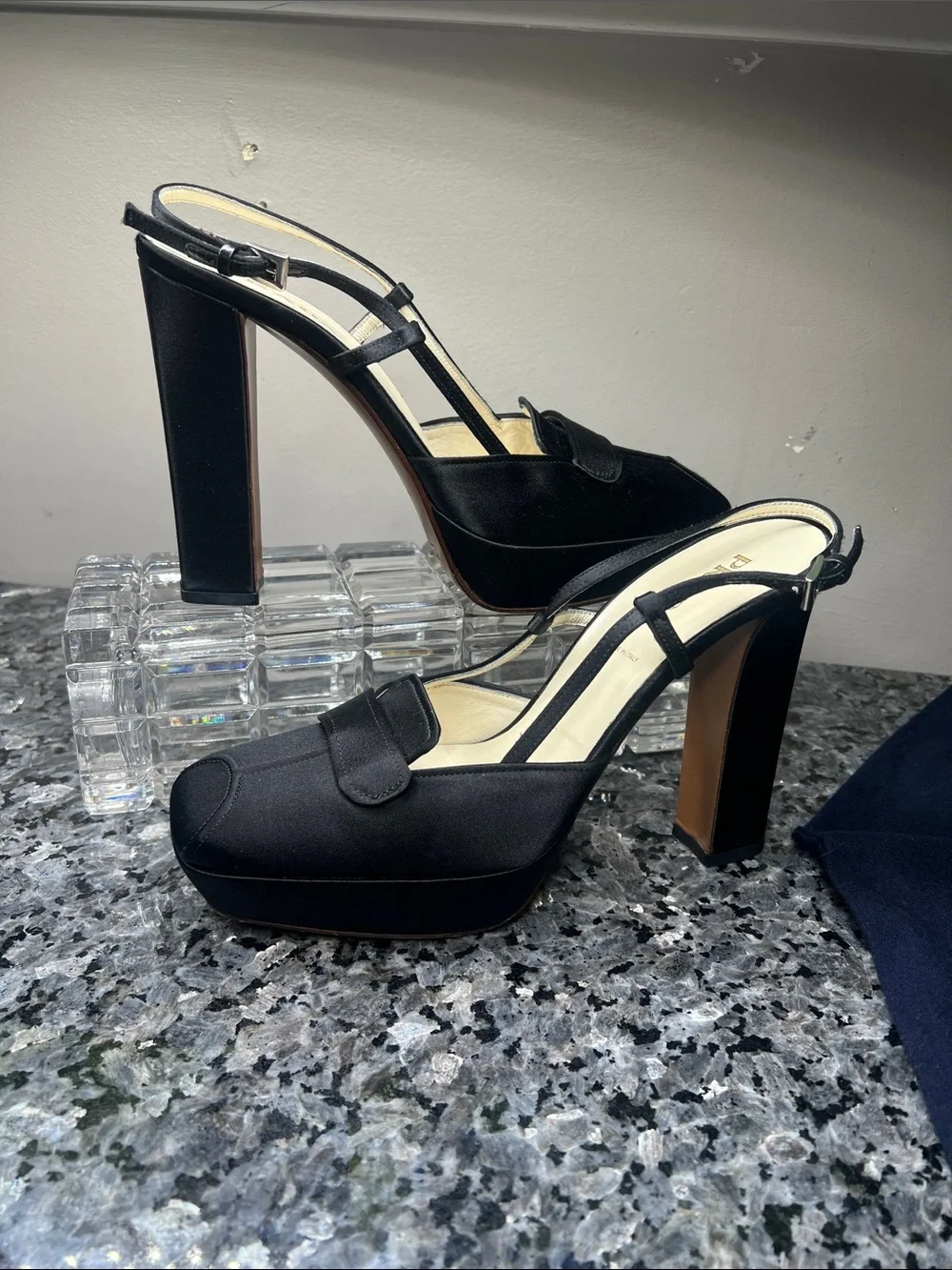 Prada Sz 38 Black Silk 4.5” Wrapped Block Heel Square Toe Heels Shoes